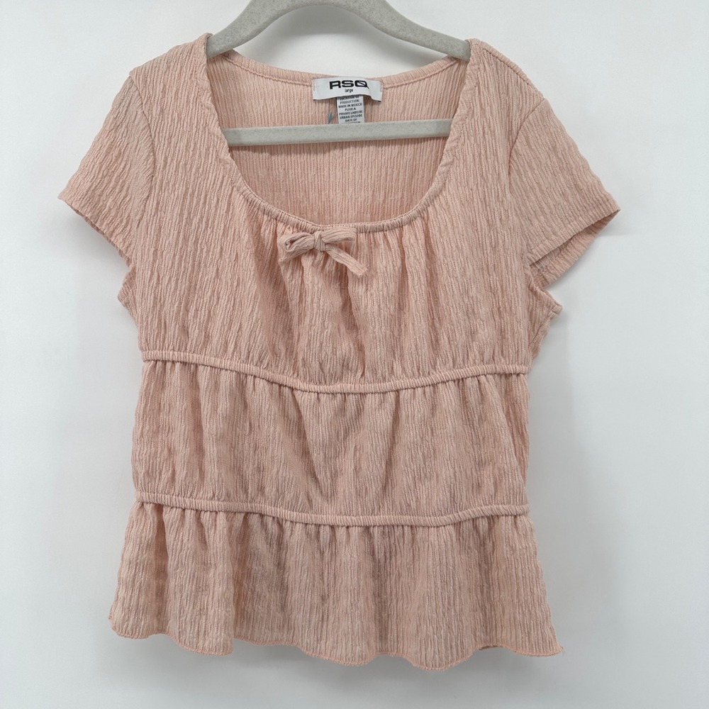 RSQ Girls Peach Crinkle Peplum Top Short Sleeve Bow Detail Size Large TH1171K